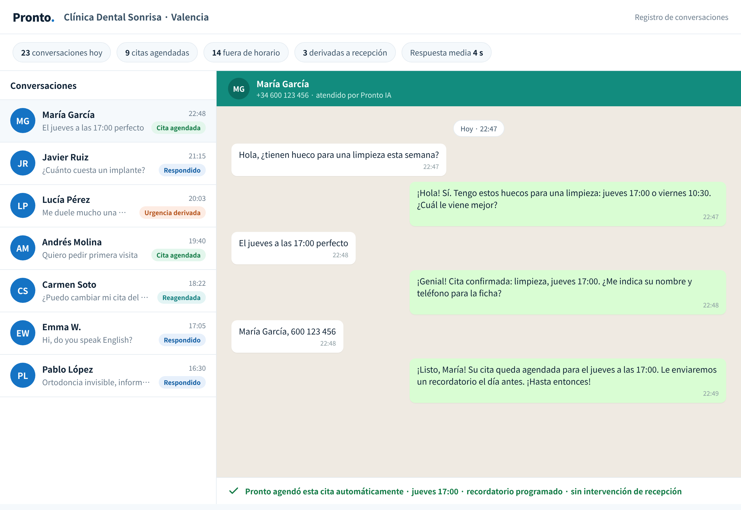 Registro de conversaciones de Pronto